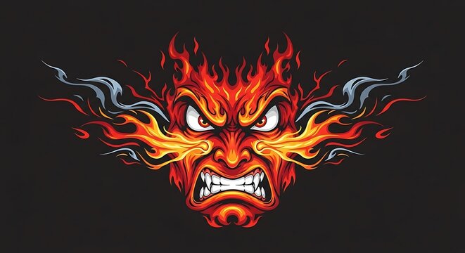 Furious Fiery Demon Head with Glowing Eyes Illustration.