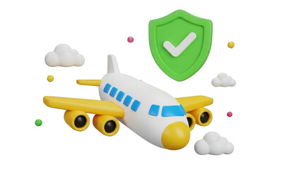 Naklejka premium 3d cartoon airplane with green shield and checkmark symbolizing safe and secure travel insurance concept isolated on transparent background