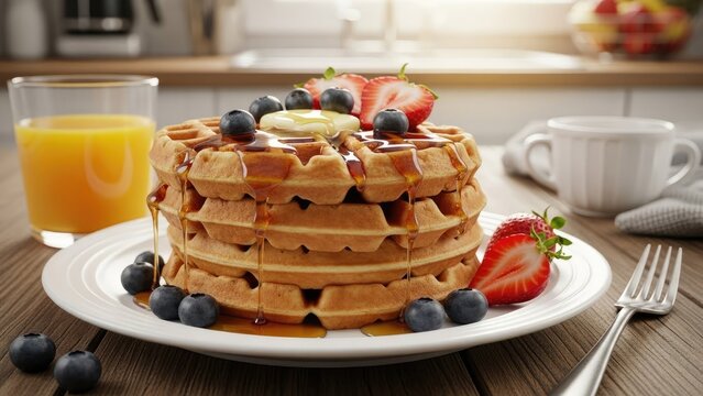 A delightful stack of golden waffles generously drizzled with rich maple syrup, adorned with vibrant fresh strawberries and plump blueberries, served as a perfect