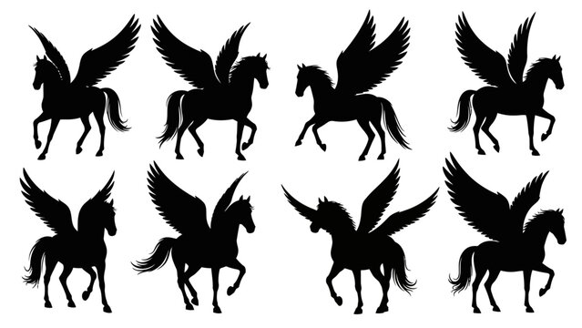 Silhouette Set of Majestic Pegasus in various poses, representing mythic creatures in vector art