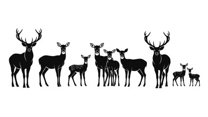Silhouette of deer family, showcasing elegant wildlife illustration in black and white format