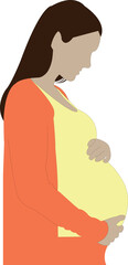 Pregnant woman in profile holding her belly wearing a yellow shirt and orange cardigan pregnancy holding belly