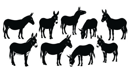 Collection of Detailed Donkey Silhouettes in Various Poses, Perfect for Animal and Farm Designs