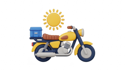 3d rendering of a yellow motorcycle with a blue delivery box on the back rack under a bright sun, isolated on transparent background