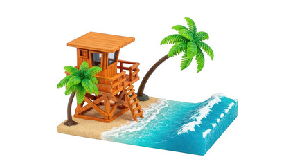 Miniature diorama of a wooden lifeguard tower on a sandy beach with palm tree and blue ocean wave isolated on transparent background