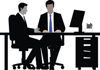 Two men in suits sitting at a desk with a computer and office supplies business meeting