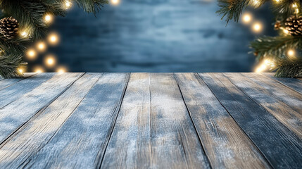 Snow dusted wooden table with glowing pine garland and warm lights