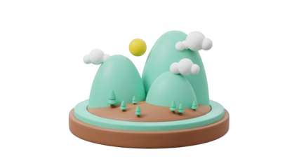 Cute 3d isometric illustration of green mountains, small trees, yellow sun, and white clouds on a brown base, isolated on transparent background