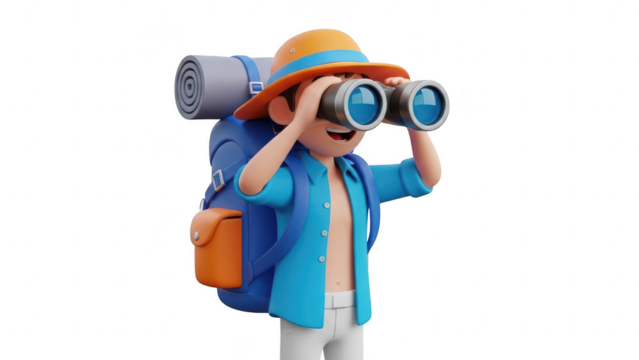 3d cartoon character backpacker wearing hat looking through binoculars isolated on transparent background