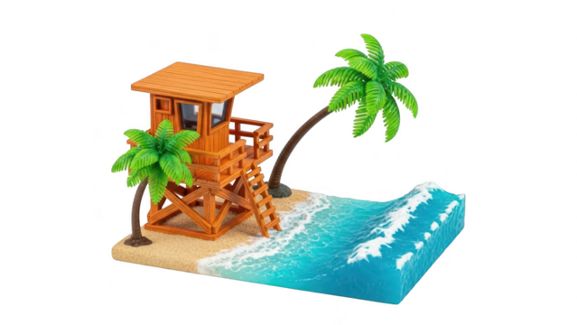 Miniature diorama of a wooden lifeguard tower on a sandy beach with palm tree and blue ocean wave isolated on transparent background