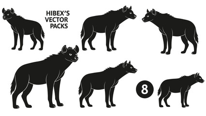 Vector illustration presenting a variety of hyena silhouettes on a white background perfect for