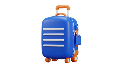 A cute 3d rendering of a bright blue rolling suitcase with orange accents, isolated on transparent background