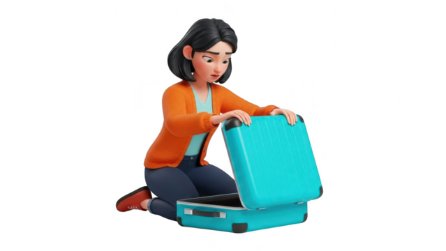 3d character woman kneeling and looking inside an open blue suitcase, preparing for travel or vacation, isolated on transparent background