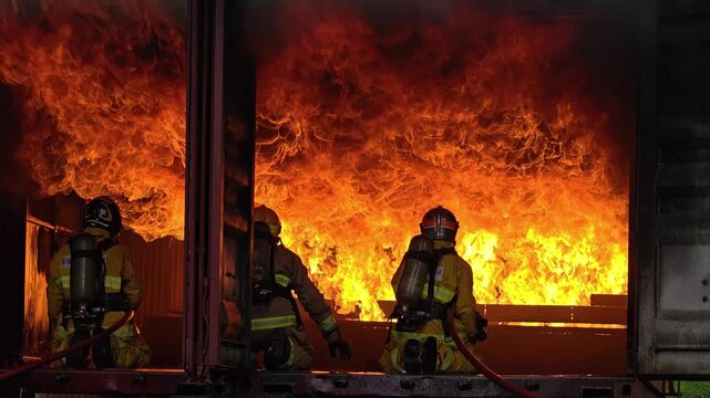 Firefighters battle intense flames during a rescue operation in an outdoor setting. Firefighters combat a large blaze during a training exercise in the evening glow