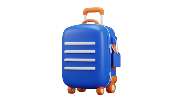 A cute 3d rendering of a bright blue rolling suitcase with orange accents, isolated on transparent background