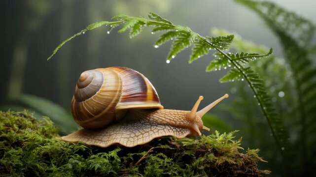 A snail with a spiral shell crawls on moss beneath a fern with water droplets