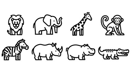 Minimalist Icons of African Safari Animals Lion Elephant Giraffe and More Cartoon Style Set