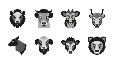 Monochrome vector illustration featuring various farm animals and a bear in a flat design
