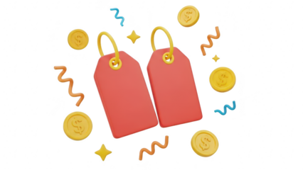 Two blank red price tags surrounded by floating gold coin, confetti, and decorative swirl elements, isolated on transparent background