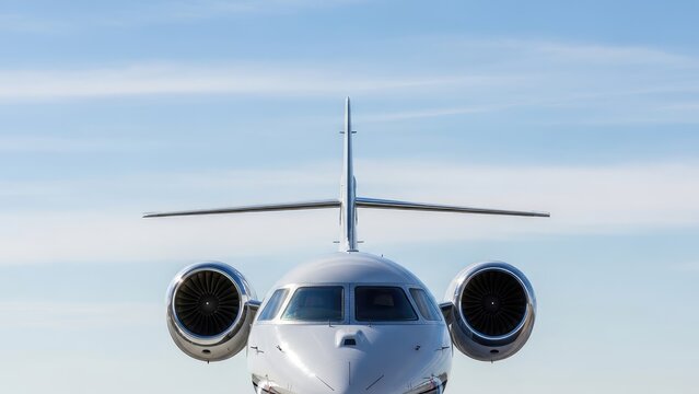 Sleek private executive jet aircraft poised for take-off, showcasing modern engineering and luxurious air travel capabilities against a bright sky backdrop