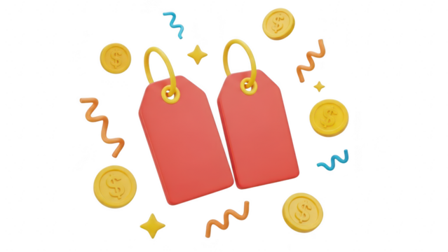 Two blank red price tags surrounded by floating gold coin, confetti, and decorative swirl elements, isolated on transparent background