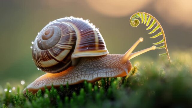 A snail with a spiral shell crawls on moss, near a fern with water droplets
