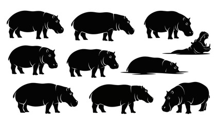 Silhouette collection of hippopotamus in various poses showcasing its unique features