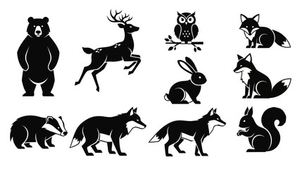 Black and white vector illustration of woodland animals for wildlife design projects and graphic