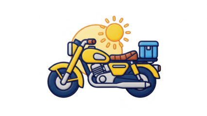 Cute yellow motorcycle with delivery box illustration under a bright shining sun, isolated on transparent background