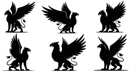 Six Stylized Black Griffin Silhouettes on White Background in Various Poses