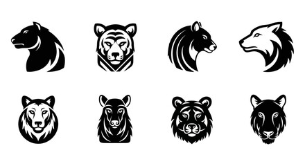 Monochrome vector illustrations of diverse wild animal heads in an appealing design