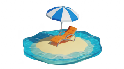 Small tropical island with an orange lounge chair and a blue and white beach umbrella, isolated on transparent background