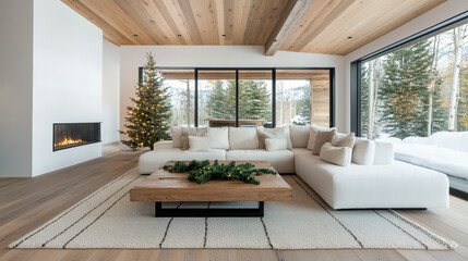 Obraz premium Cozy modern living room with sectional sofa, fireplace, Christmas tree, snowy windows