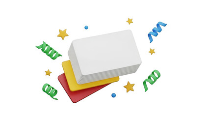 Stack of three blank rectangular cards, likely gift or loyalty cards, surrounded by colorful confetti, streamers, and stars, isolated on transparent background