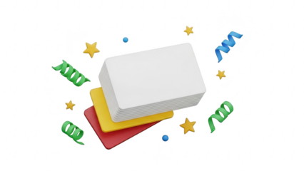 Stack of three blank rectangular cards, likely gift or loyalty cards, surrounded by colorful confetti, streamers, and stars, isolated on transparent background