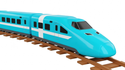 Bright blue highspeed bullet train toy model on wooden track isolated on transparent background