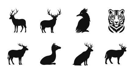 Silhouette Collection of Wild Animals Featuring Deer, Bird, and Tiger Illustrations