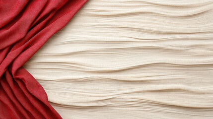 Red velvet drape revealing textured beige fabric with flowing folds and warm mood