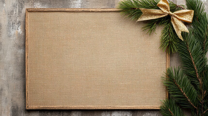 Gold canvas framed by holiday ribbon loop pine branch festive rustic greeting