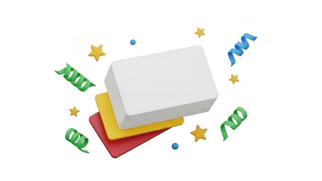 Stack of three blank rectangular cards, likely gift or loyalty cards, surrounded by colorful confetti, streamers, and stars, isolated on transparent background