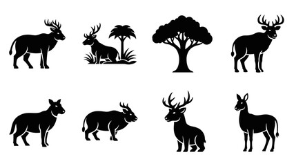 Various silhouettes of deer, trees, and other horned animals showcased on a white background