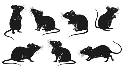 Elegant silhouettes of black rats in various poses against a clean white backdrop