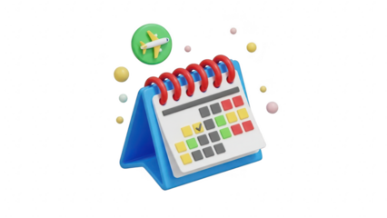 3d calendar icon with a green checkmark symbol indicating a scheduled flight or travel appointment booking confirmation isolated on transparent background