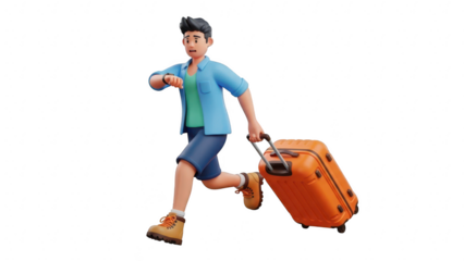 Worried young man with luggage running late for travel or flight, looking at his watch, isolated on transparent background