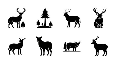 Deer silhouette vector illustrations featuring diverse poses and natural elements showcasing