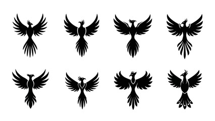 Diverse Phoenix Bird Silhouette Set: A Collection of Mythical Avian Designs for Creative Projects