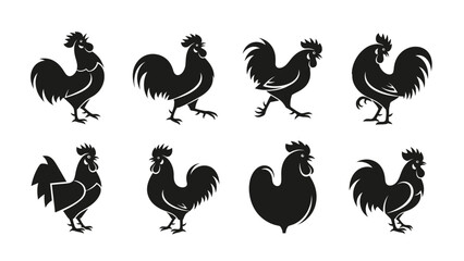 Collection of stylized rooster silhouettes representing rural themes and farm animals