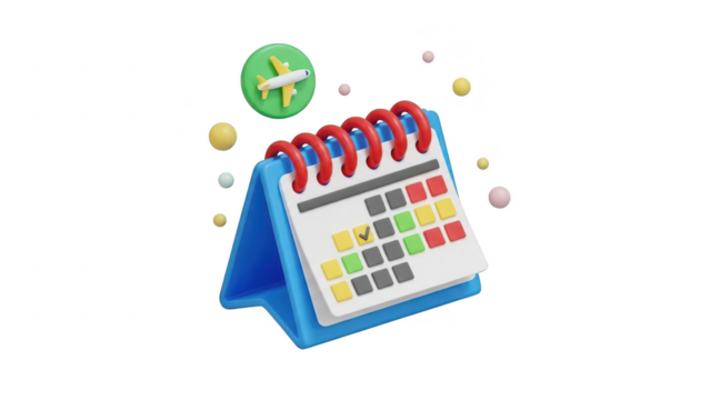 3d calendar icon with a green checkmark symbol indicating a scheduled flight or travel appointment booking confirmation isolated on transparent background