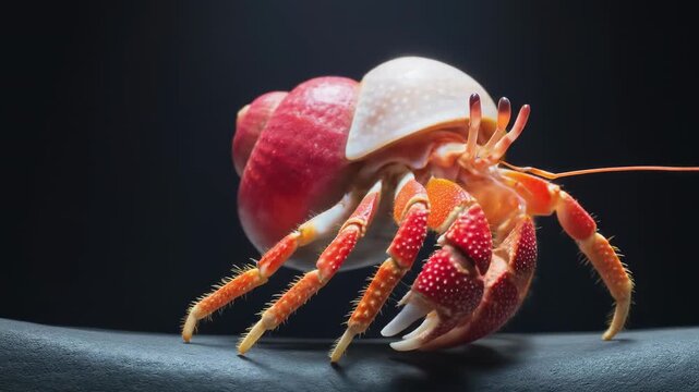 A vibrant hermit crab, featuring a red & white shell, stands out against a dark backdrop