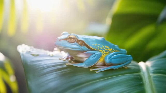 A vibrant blue frog with yellow spots perches on a wet leaf, lit by sunlight